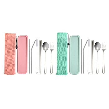 

2 Set Flatware Set,Reusable 304 Stainless Steel Durable Travel Cutlery Set - Pink & Green