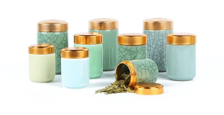 Mini Tea Ceramic Storage Jars Celadon Metal Lid Sealed Cylindrical Container for Storing Tea, Grains, Dry Goods, Candy, Etc._voghion.com
