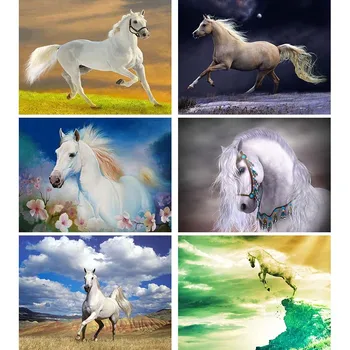 

5D DIY White Horse Embroidery Rhinestone Picture Rhinestone Mosaic Diamond Painting Prairie Full Drill Wall Decor Gift M21