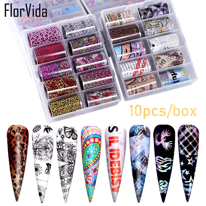 FlorVida 4 см* 100 см 10 шт./кор. нейл-арта Фольга рулонов цветок Лазерная наклейки передачи ABC Леопардовый принт маникюрные наборы наклейка