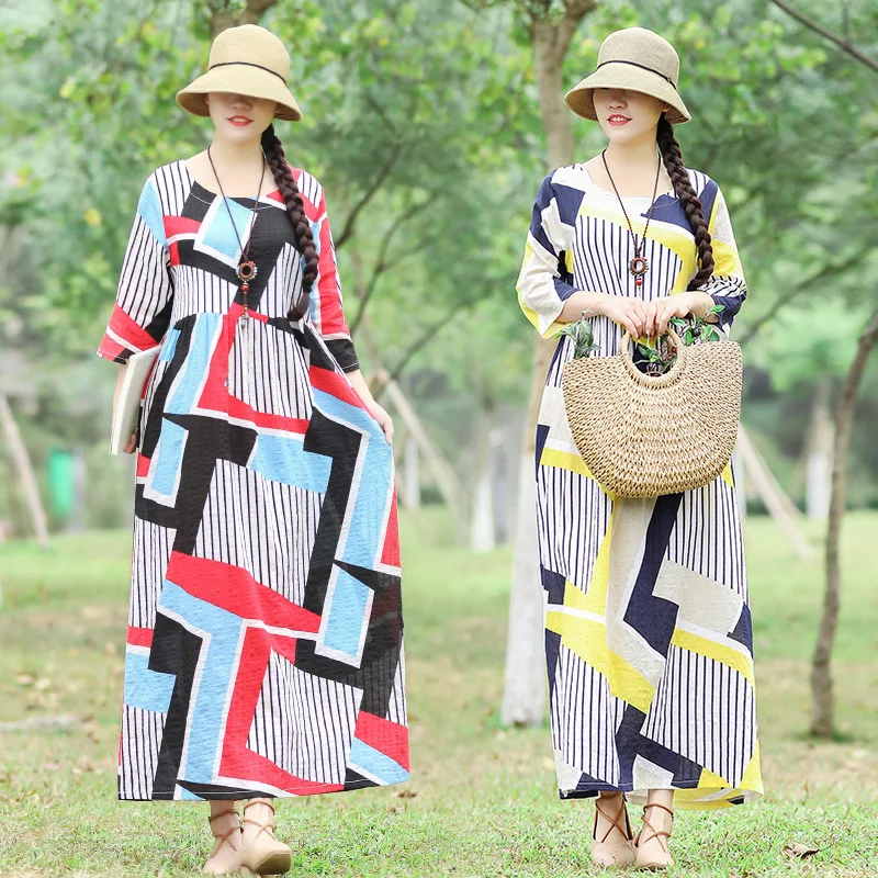 

Photo Shoot 2019 Spring Clothing New Style Cotton Linen Printed Medium-length Dress Loose-Fit Slimming Pullover Crew Neck Girl'S