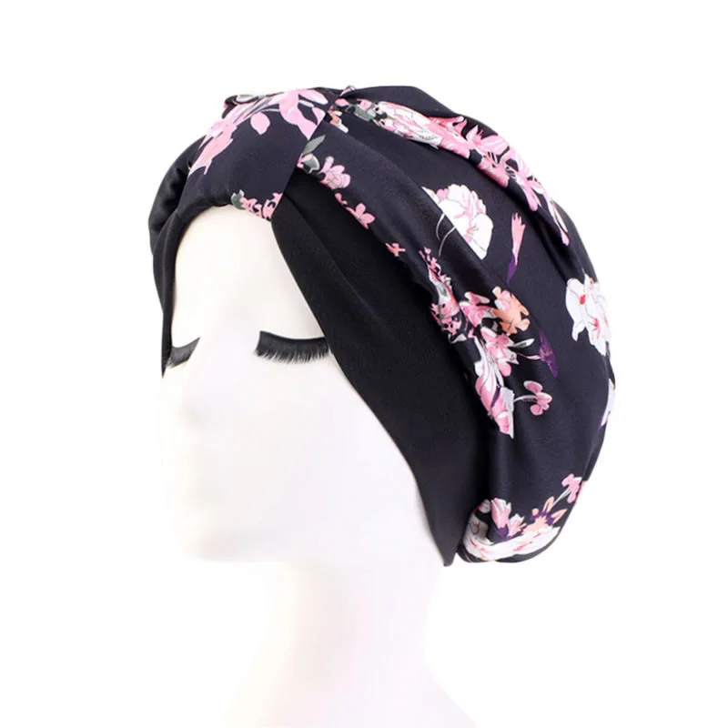 Fashion Stretch Turban Cap Simulation Silk Muslim Hat Sleeping Hat Chemotherapy Cap Retro Print Bandanas Headwear Elegant Hijab - Цвет: black