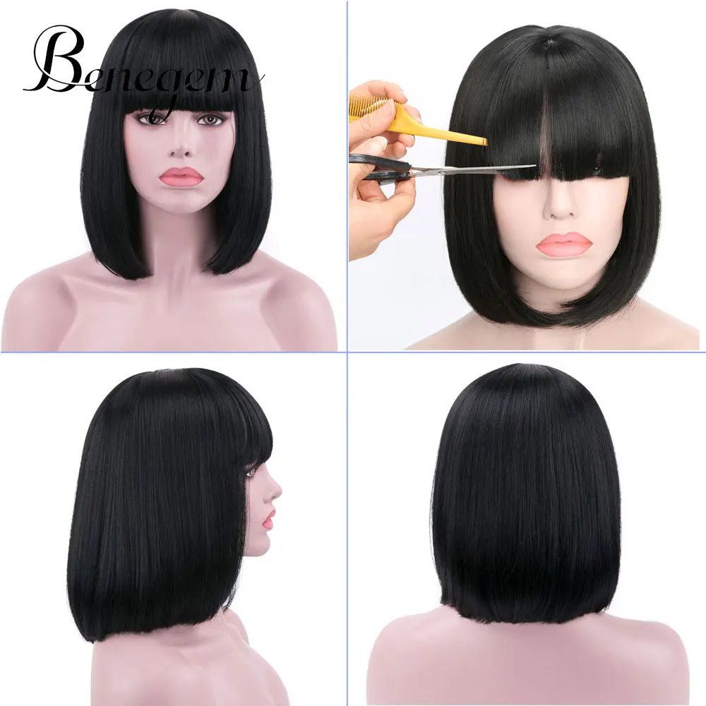Benegem Blonde Bob Wig Short Wig with Bangs 14 Women Wig Synthetic Halloween Cosplay Party Wig