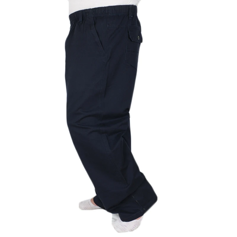 Весенне-осенние хлопковые плотные мужские брюки с эластичной резинкой на талии, хлопковые брюки с высокой талией большого размера, эластичные брюки с молнией 8XL 7XL 6XL - Цвет: Темно-синий
