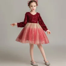 ; нарядное платье для девочек; Детские платья принцессы для девочек с длинными рукавами и блестками; цвет черный, шампань; платье для выступлений; детская одежда; E92458