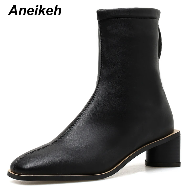 

Aneikeh New 2019 Fashion PU Basic Boots Square Toe Zip Women's Boots Office Dance High Heel Shoes Shallow Black White Size 35-39
