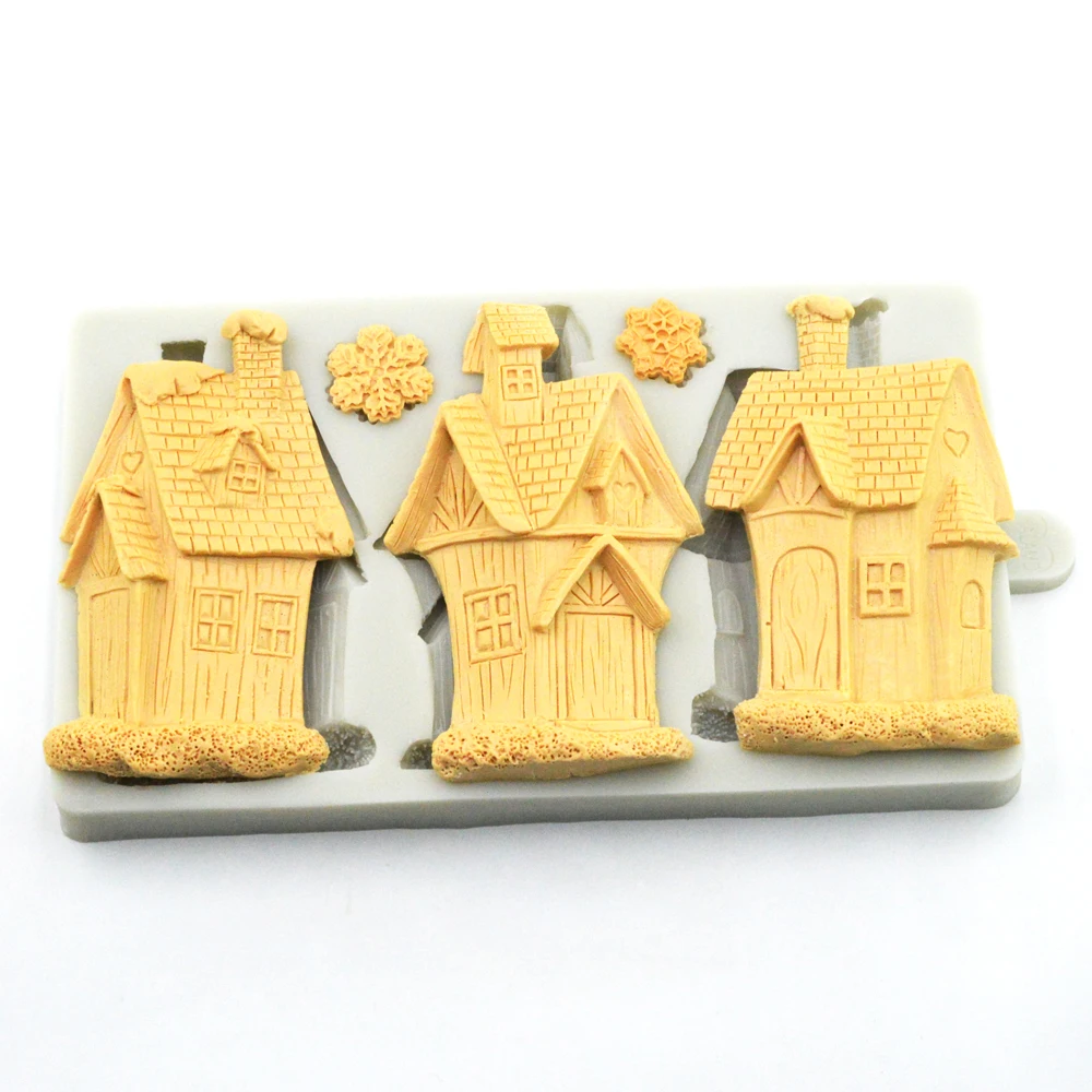 Christmas Church Cottage Christmas Tree Snowflake Fondant Cake Silicone Mold Biscuit Chocolate candy jelly sugarcraft Mold
