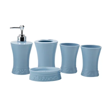 

5pcs/Set Plastic Bath Accessories Kit Cups Toothbrush Holder Soap Dish Dispenser Bathroom Suit (Blue)