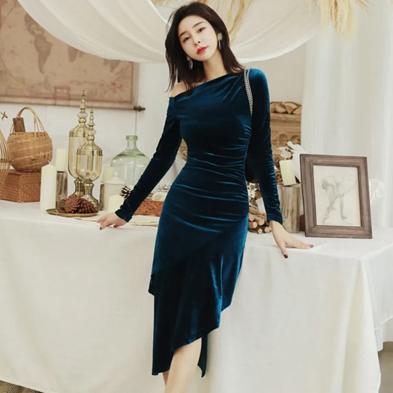 Женское вечернее платье с длинным рукавом повседневное синее бархатное