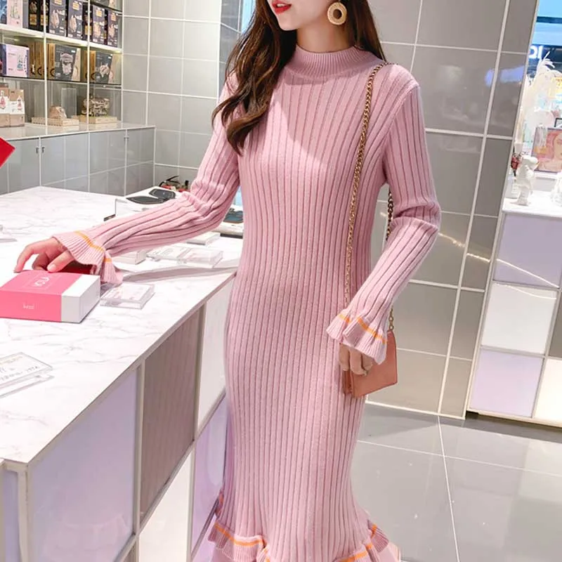 Korean One-Piece Dresses Ladies Elegant Slim Sweater Knitted Dress Autumn Winter 2020 Women Long Sleeve Dress Woman Long Dress
