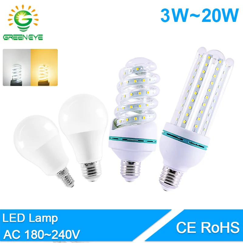 Светодиодный светильник GreenEye E27 E14 3 Вт 7 9 12 16 20 AC 220 В 2835 SMD настоящий Lumiere Bombilla Lampadina