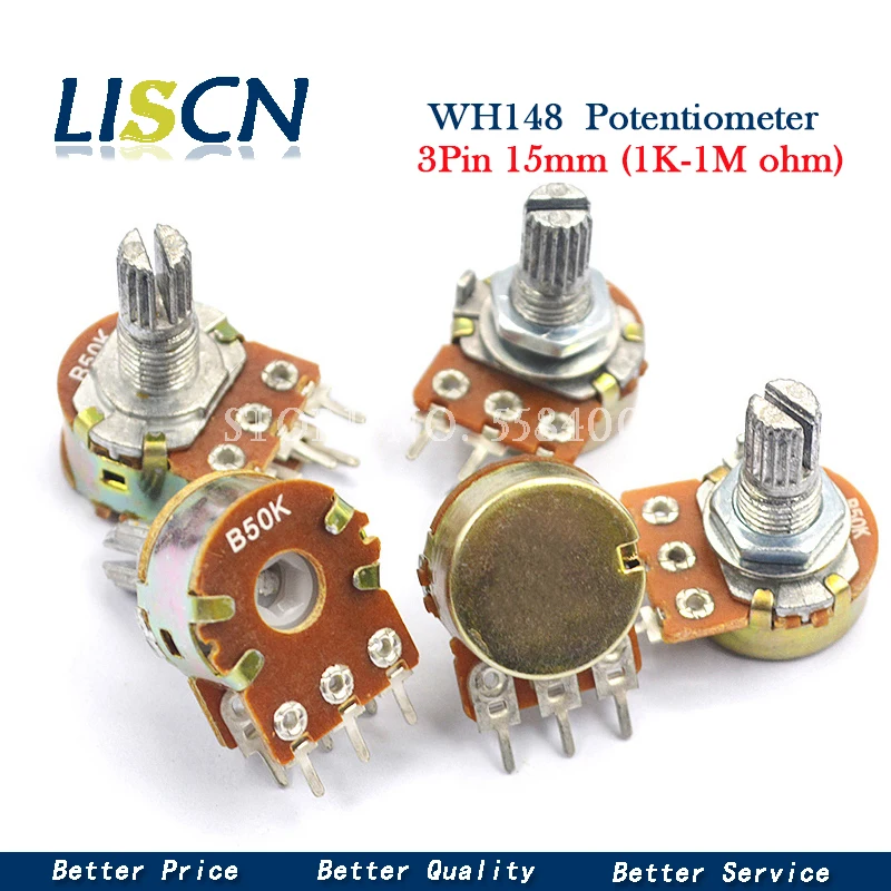 5pcs WH148 B1K B2K B5K B10K B20K B50K B100K B500K 3Pin 15mm Shaft Amplifier Dual Stereo Potentiometer 1K 2K 5K 10K 50K 100K 500K afbeelding