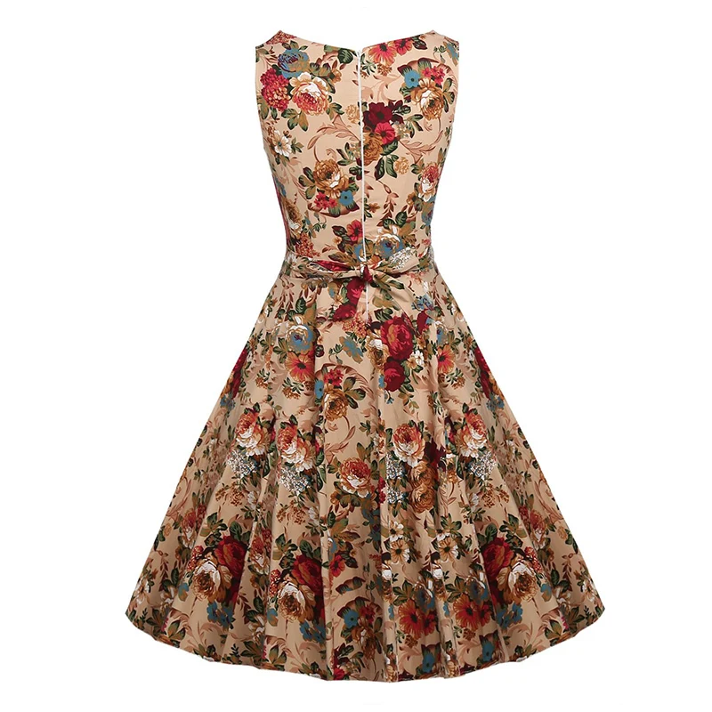 Kostlish Cotton Summer Dress Women 2017 Sleeveless Tunic 50s Vintage Dress Belt Elegant Print Rockabilly Party Dresses Sundress (27)