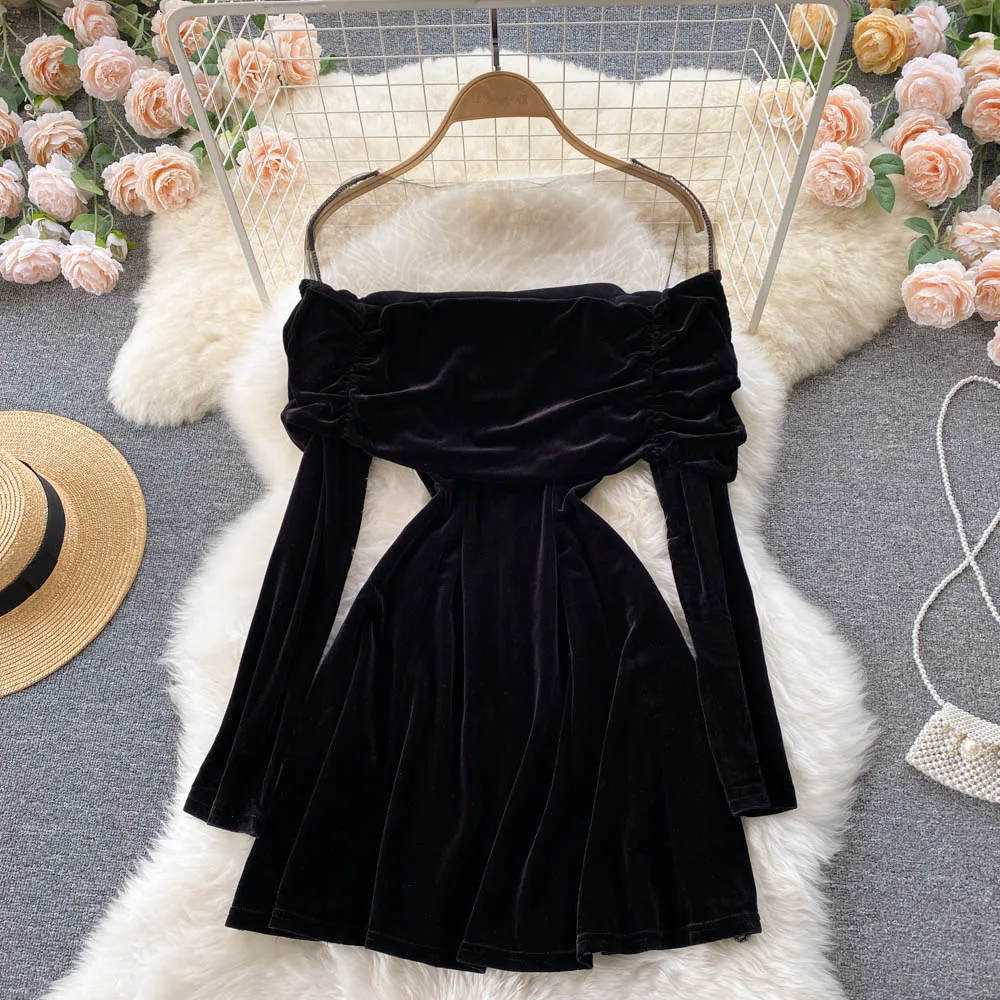 B522 Women Fashion Round Neck Long Sleeved Short A-line Dress Autumn Perspective Mesh Stitching Vintage Velvet Clothes Vestidos | Женская