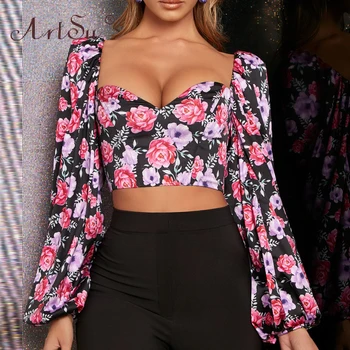 

ArtSu Black Retro Floral Print Blouse Women V-Neck Long Lantern Sleeve Sexy Blusas 2020 Spring Casual Ladies Bohamian Shirt Tops