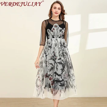

VERDEJULIAY 2020 Spring Summer Vintage Dress Women Half Sleeve Flower Print Retro Hollow Out Holiday Overlay Long Party Dresses