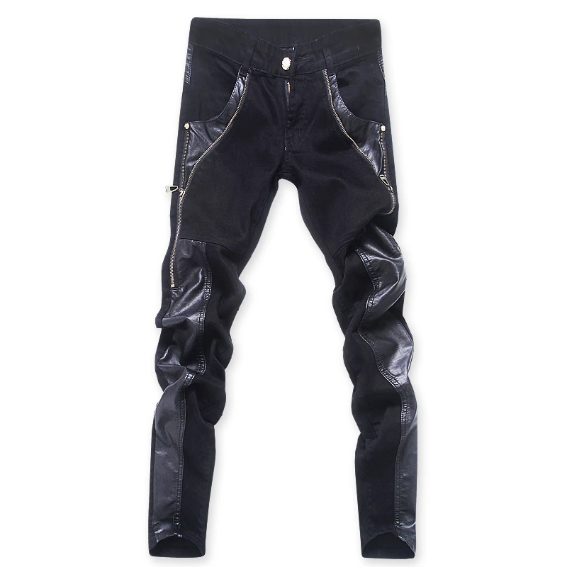 Men Trousers Leather Pants Skinny Pants Men's Zipper Motorcycle Leather Pants Denim
