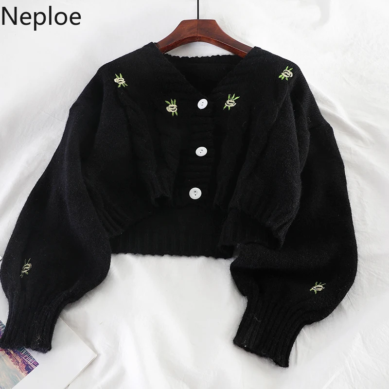 Neploe корейский V шеи фонарь с длинным рукавом трикотажные кардиганы женские вышивка сплошной одной груди короткий свитер пальто осень
