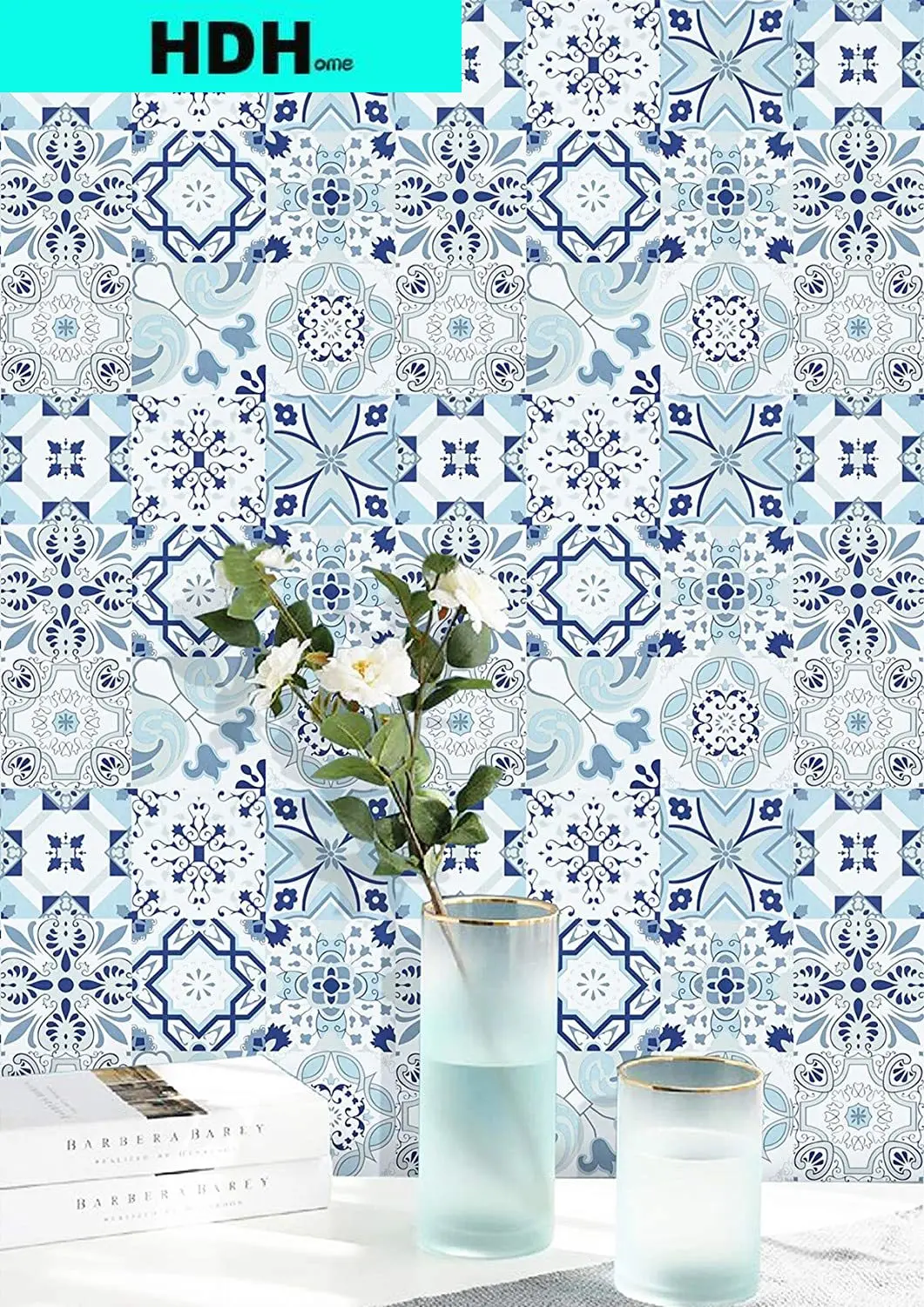 HDHome Blue White Wallpaper Floral Flower Tile Peel and Stick Wallpaper Removable Wall Paper Waterproof Self Adhesive Wallpaper