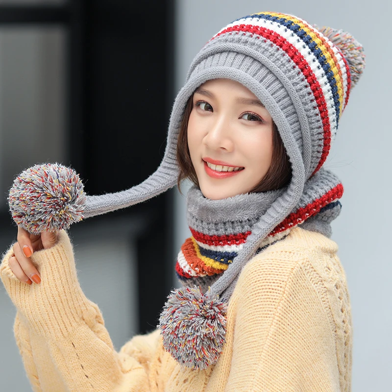 Grey Six-Color Stripe Winter Women Knitted Hat Scarf 2 Pieces Set Three Pompom Ear Protection Warm Hats Female Rainbow Beanies Caps - Color: Grey