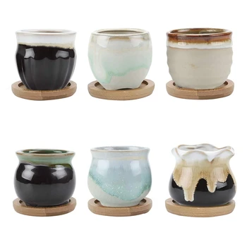 

Small Ceramic Succulent Planter Pots with Bamboo Tray Set of 6, Sagging Glazed Porcelain Handicraft As Gift for Mom Best