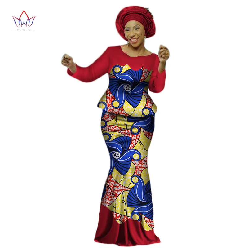 Africa Style Bazin Riche Dresses for Women Two Pieces Set Women Long Sleeve Tops and Long African Print Skirt Plus Size WY2454 - Цвет: 12