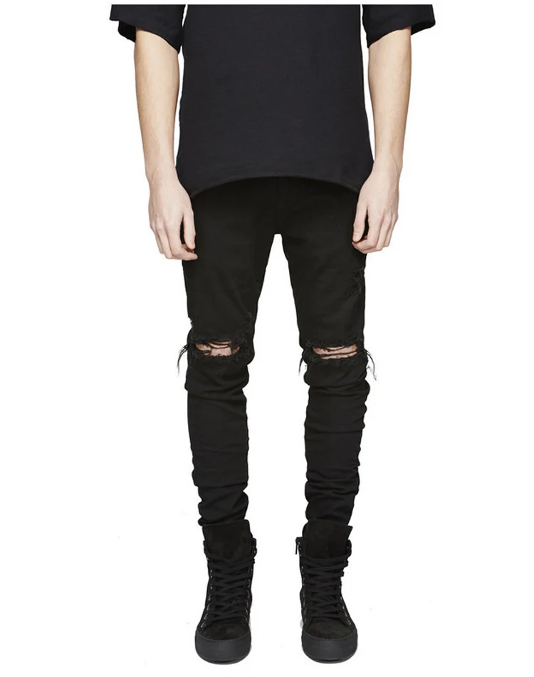 Fall/winter knee big hole jeans European and American fashion high street boys stretch slim leggings