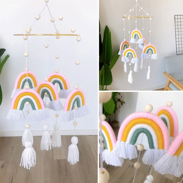 OOTDTY Nordic Style Handmade Weaving Rainbow Wall Hanging Decor Toys Baby Rattle Mobile Crib Toy Kids Room Decor Nursery Decor 4