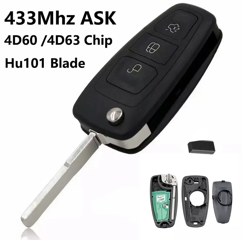 3 Buttons 433Mhz ASK Remote Key for Ford C-Max Focus Fiesta Mondeo 4D63 or 4D60 Chip Smart Flip Car | Автомобили и мотоциклы