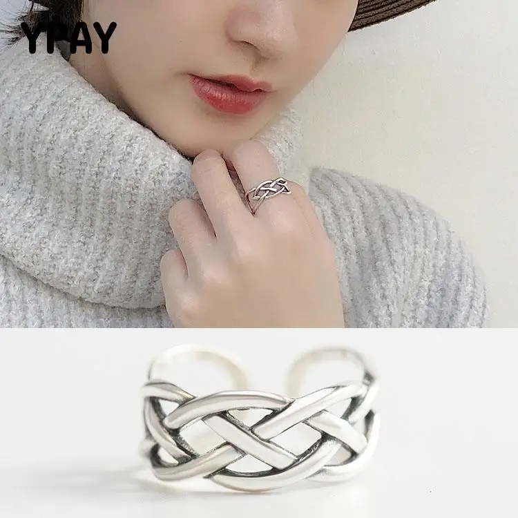 YPAY Vintage Hollow Woven Open Rings for Women Real 925 Sterling Silver Finger Ring Bague Fine Accessories Jewelry Gift YMR096 | Украшения