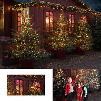 

Christmas Backdrop Photography Wood House Christmas tree Backdrops Wreath Red Decoration ball Night Background Photobooth