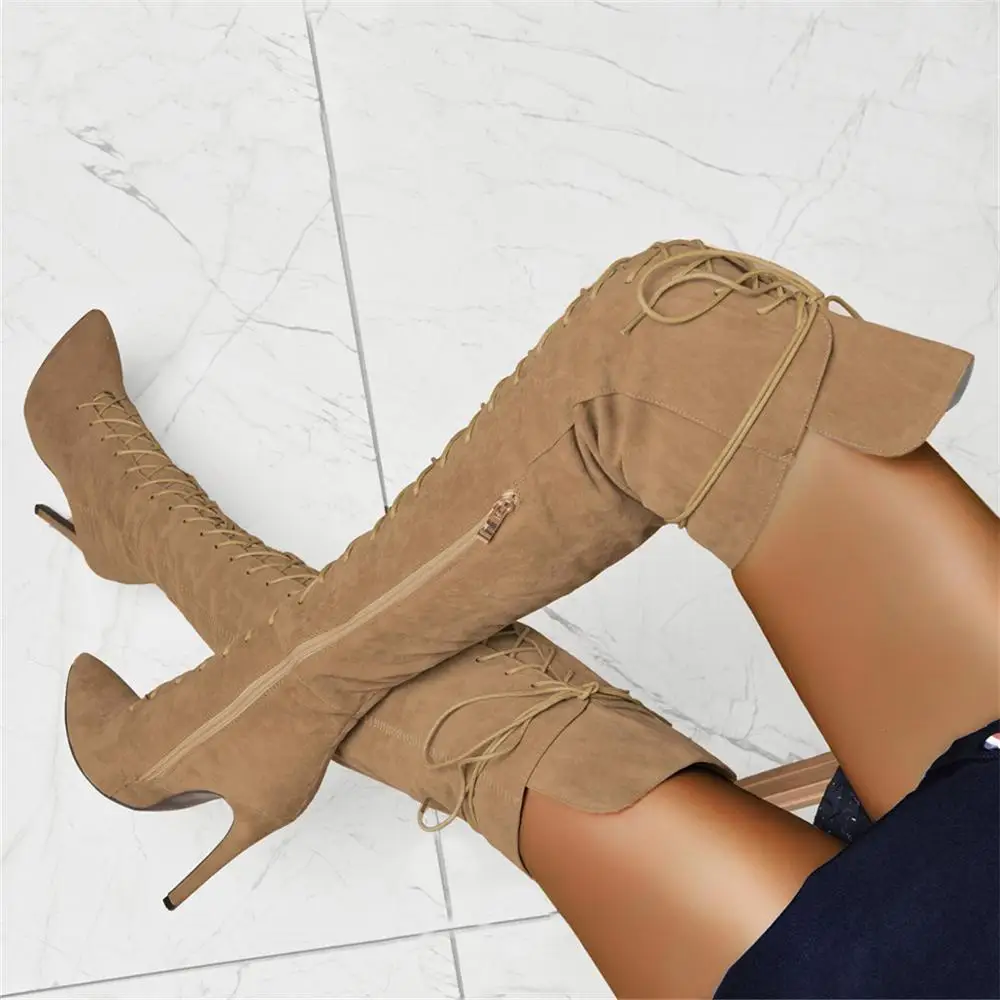 

Hot Selling Beige Suede Over The Knee Boots Women Pointed Toe Stretch Fabric Lace-up Tight High Boots Shoes Plus Size Long Boots