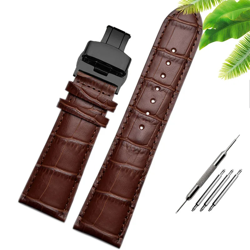 Wide Black & Brown Alligator Leather Watch Strap with Butterfly Clasp - Men's, Free Shipping