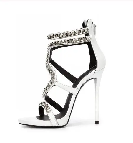 Classic Style Women White Red Metal Chain Decoration Hollow Out Sandal Summer Fashion Open Toe Back Zipper High Heel Dress Shoes | Обувь