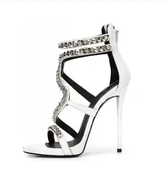 

Classic Style Women White Red Metal Chain Decoration Hollow Out Sandal Summer Fashion Open Toe Back Zipper High Heel Dress Shoes