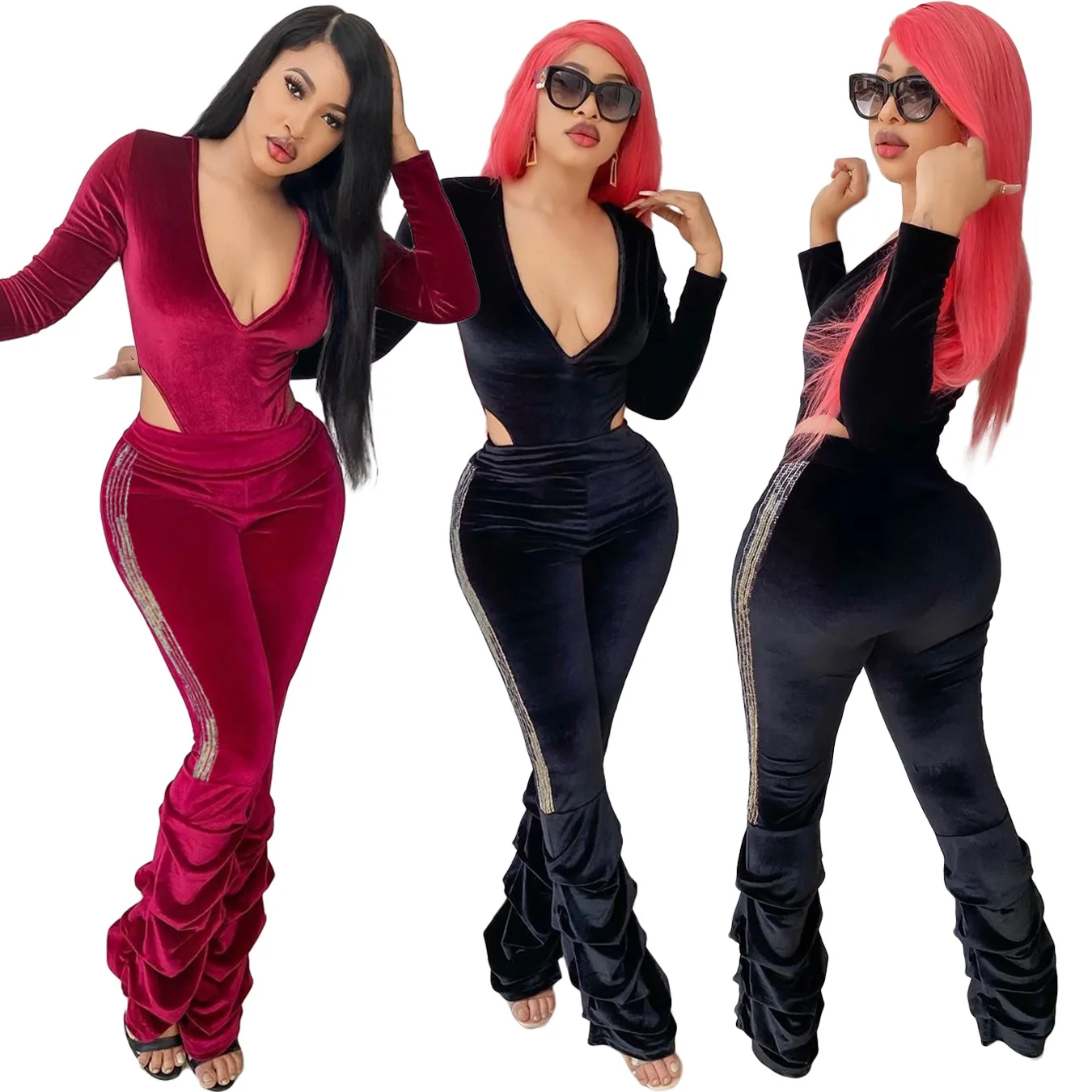 

2020 New Women Velvet Two Piece Set Sexy Deep V Neck Long Sleeve Bodysuit Top Sequins Stacked Pants Autumn Winter Outfits