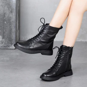 

Genuine Leather Women Boots British Style Lacing Autumn Shoes 2020 New High Quality Side Zipper Cowhide Booties Lady Martin Shoe