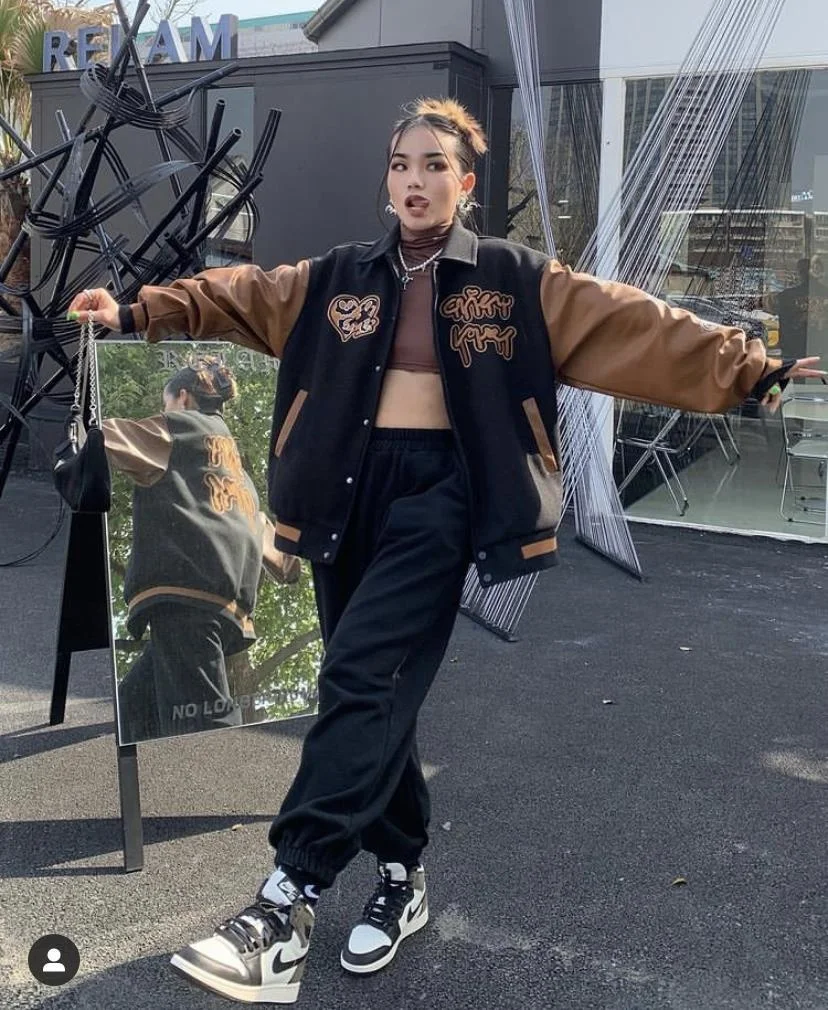 Bomber Jacket Women Vintage Hip-hop Baseball Jacket Letters Embroidery Patchwork Streetwear College Rock Jacket Varsity Jacket
