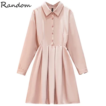 

Women Elegant Turn-Down Collar Shirt Dress 2020 Autumn New Fashion Pleated Pink Dresses Office Lady Plus Size Fall Smart Cloth