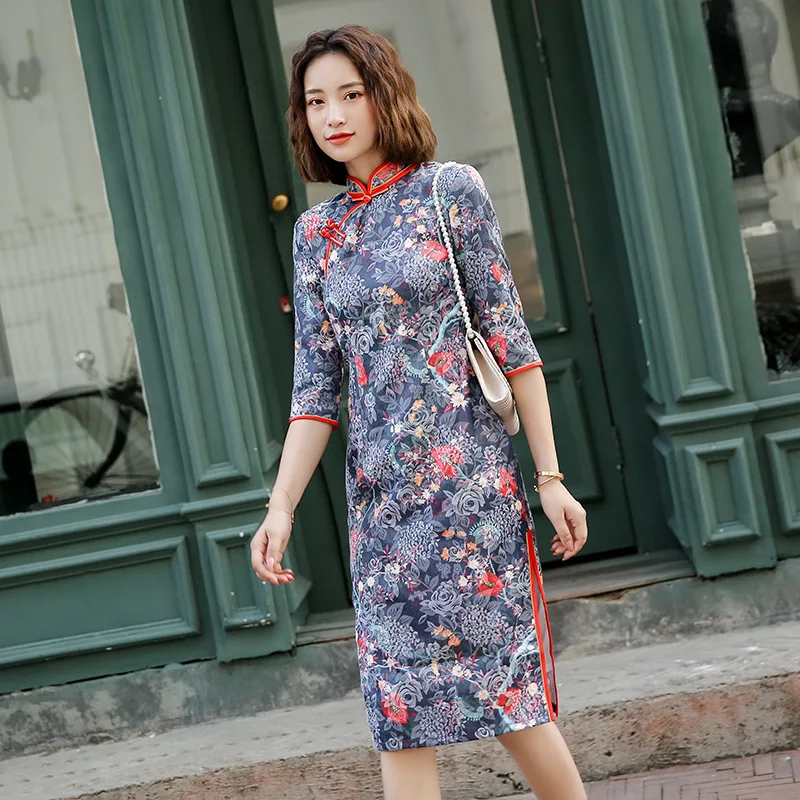 

Lace Evening Party Dress For Chinese Women Vintage Button Half Sleeve Qipao Print Flower Mandarin Collar High Split Cheongsam