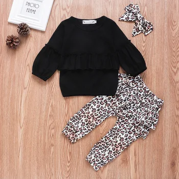 

3PCS Baby Girls Clothes Set Autumn Spring Long Sleeve t-shirt Leopard Pants Toddler Infant Outfit Headband Sets
