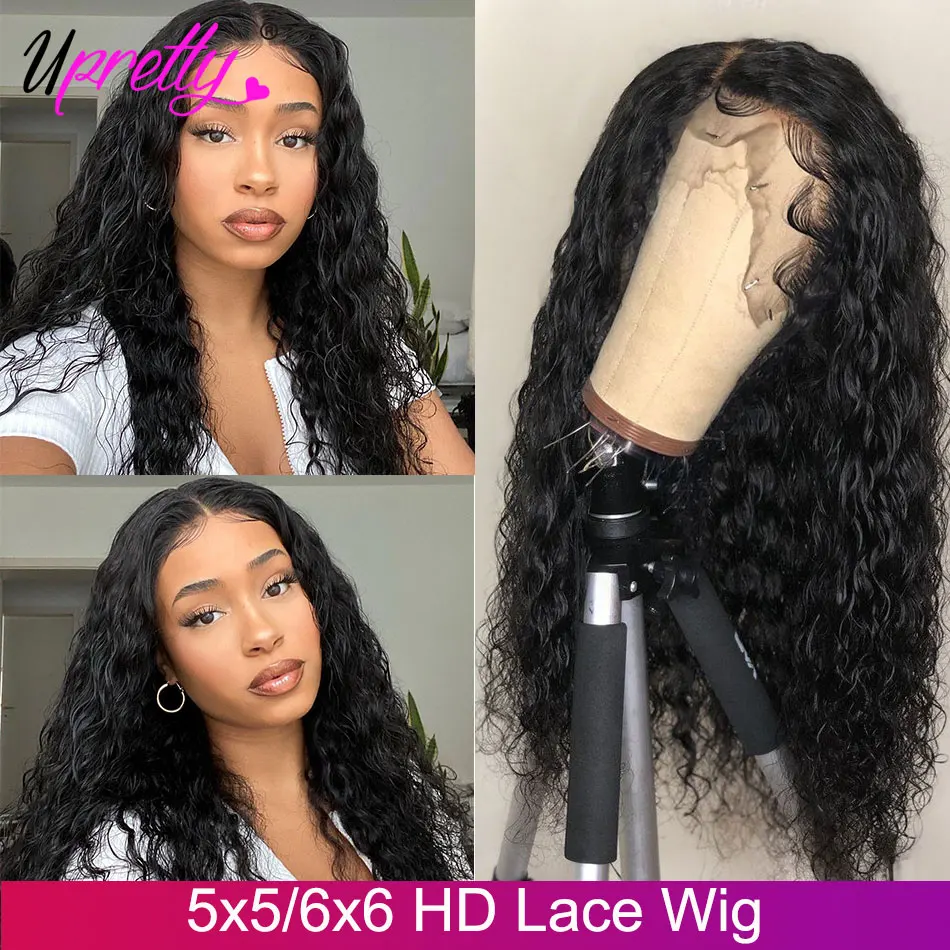 Upretty-Peluca de pelo mojado y ondulado con ondas al agua, peluca prearrancada de 6x6 con cierre de encaje, densidad del 250, pelucas de cabello humano brasileño con encaje frontal