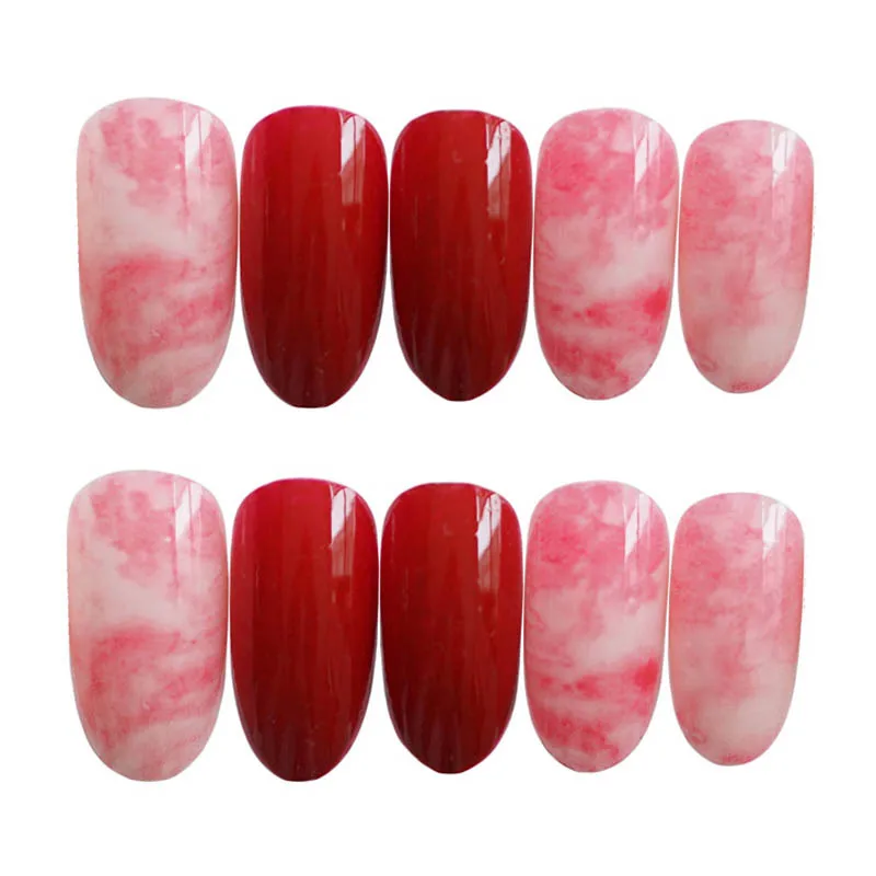 

New Fashion Pre-Design Red Pink smudge Flash Nail Sticker with Glue Short Round Haed Full Cover Manicure DIY Wearable Fake Nail
