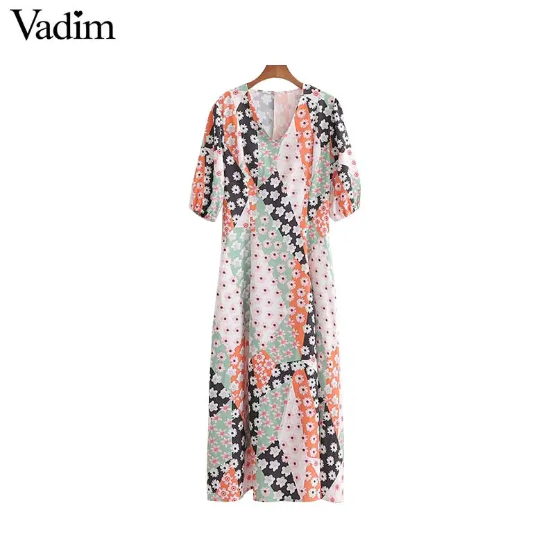 

Vadim women sweet floral print maxi dress side zipper three quarter sleeve female fashion ankle length dresses vestidos QC650