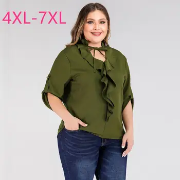 

2020 fashion summer plus size tops for women blouse large short sleeve casual loose lace V neck shirt army green 4XL 5XL 6XL 7XL