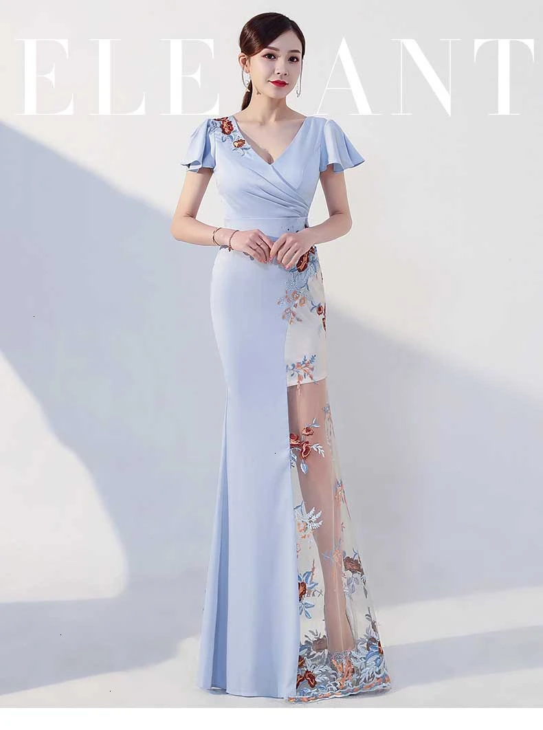 Новая мода вышивка Cheongsam Современная Femme Русалка Тонкий сексуальный Qi Pao женское китайское вечернее китайское платье-Ципао синий Халат