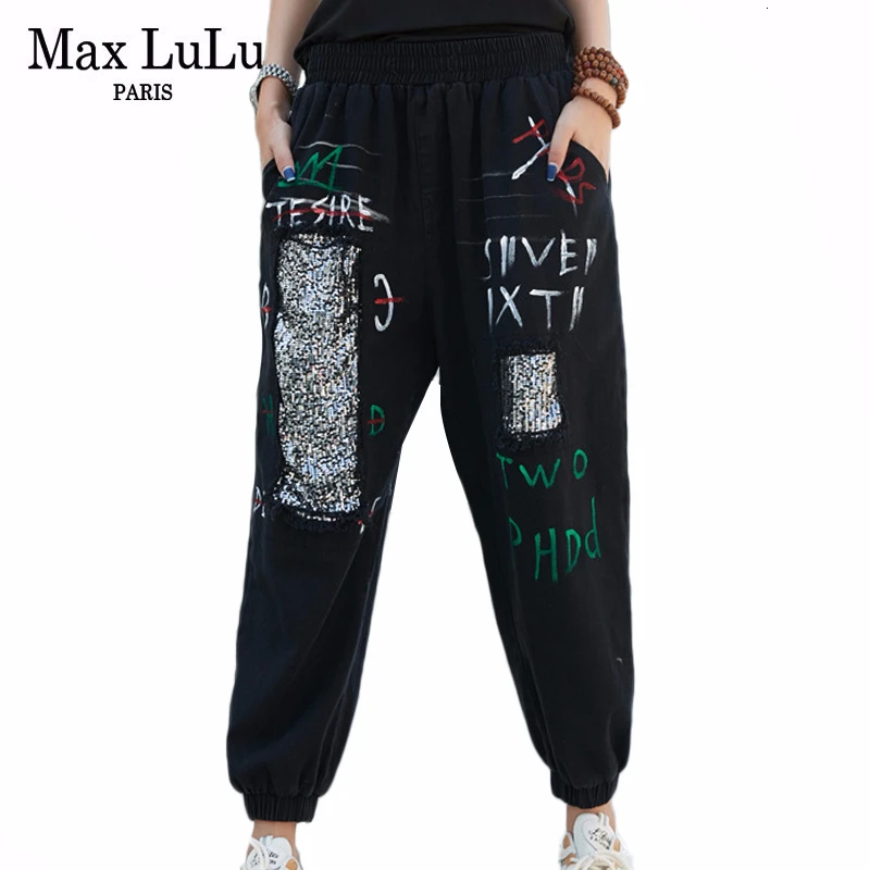 Max LuLu 2020 Spring Fashion Korean Ladies Sequins Denim Trousers Women Printed Ripped Jeans Vintage Loose Harem Pants Plus Size Max LuLu 2020 Spring Fashion Korean Ladies Sequins Denim Trousers Women Printed Ripped Jeans Vintage Loose Harem Pants Plus Size