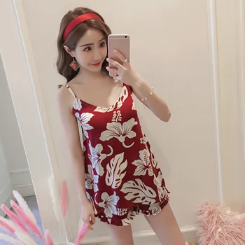 

Two-piece vest shorts Pajamas V-Neck Sling Top+Silk Sleepwear Women's Summer Charming Satin Lace Floral Pajamas pants
