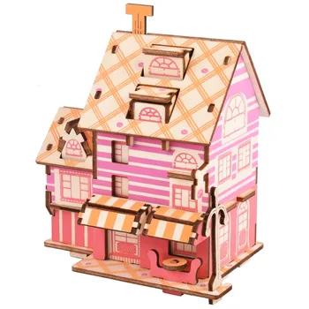 

French Cafe Shop DIY 3D Wooden Puzzle Woodcraft Assembly Kit Cutting Wood Toys For Christmas Gift 3067