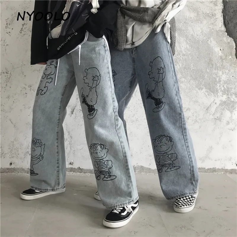 NYOOLO Harajuku уличная мультфильм граффити печати вымытые джинсы осень Винтаж свободная полная длина широкие женские джинсовые брюки для мужчин